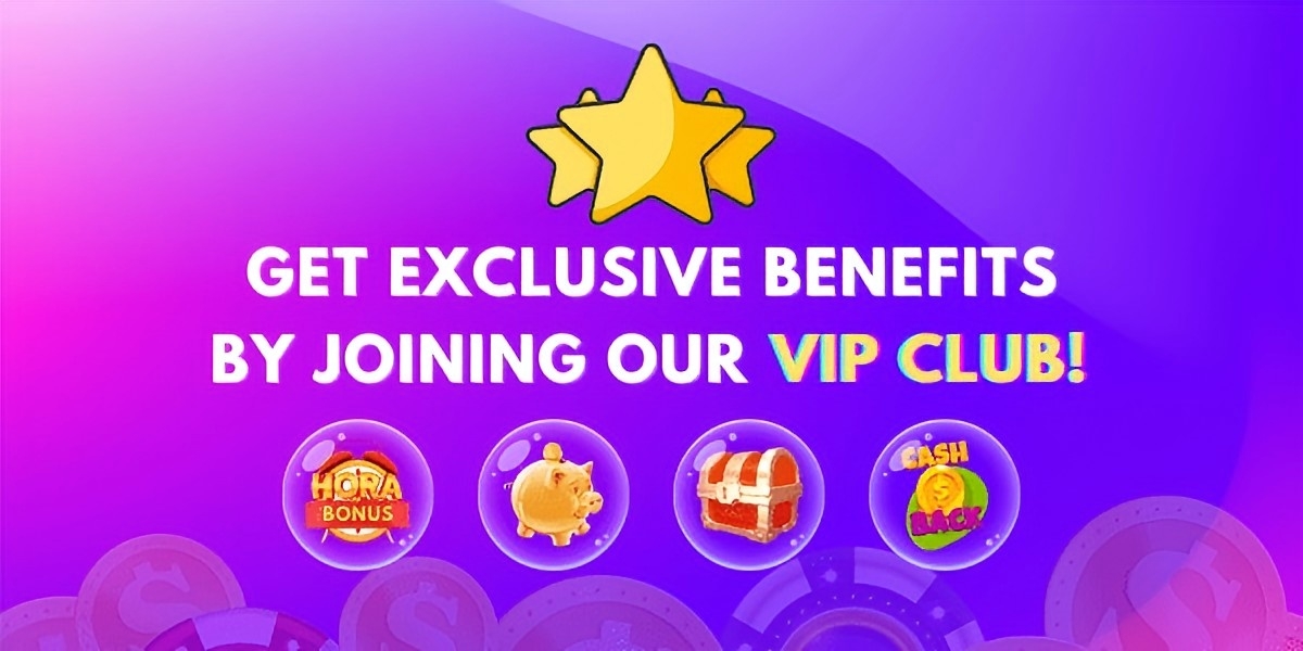 VIP club banner with golden stars and bonus bubbles for hourly bonuses, a piggy bank, a treasure chest and cashback