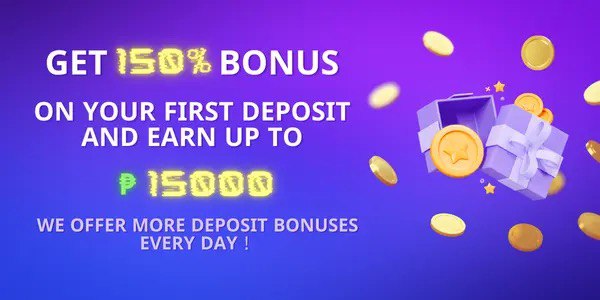 Purple gift box spilling gold coins on a purple and blue banner, advertising a 150 percent first deposit bonus worth up to 15,000 pesos